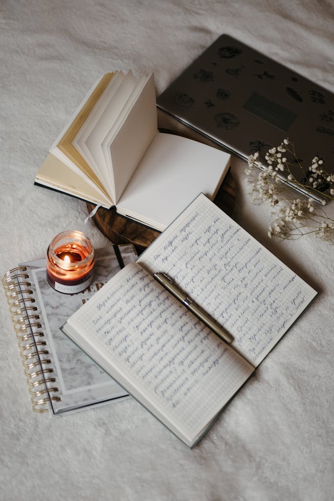 A serene writing setup featuring notebooks, a lit candle, and a laptop in a cozy indoor setting.